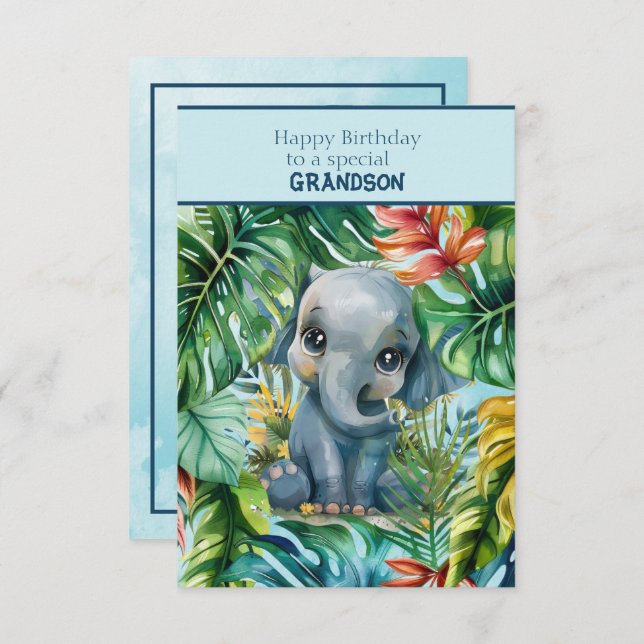 Cartão Baby Elephant Happy Birthday Special Grandson (Frente/Verso)