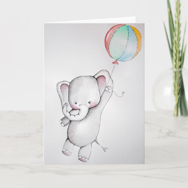Cartão Baby Elephant with Balloon Greeting Card (Frente)