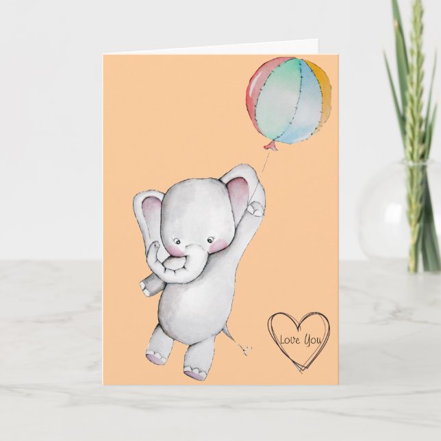 Cartão Baby Elephant with Balloon Yellow Greeting Card (Frente)