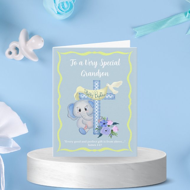 Cartão Baby Elephant with Cross and Dove Baptism Card (Criador carregado)