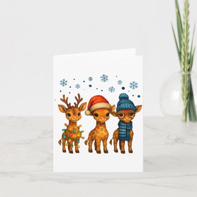 Cartão Baby Giraffe Christmas Lights Santa Hat Reindeer W (Frente)