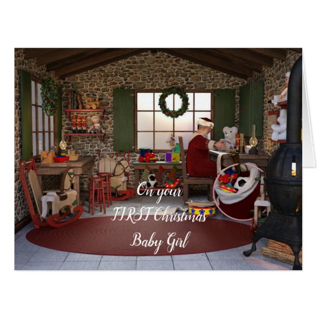 Cartão Baby Girl First Christmas Workshop (Frente horizontal)