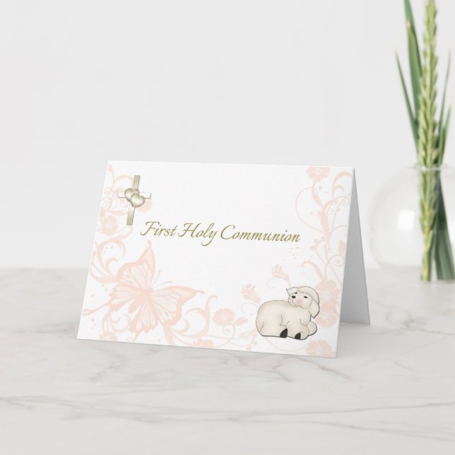 Cartão Baby Lamb Peach First Communeting Card (Frente)