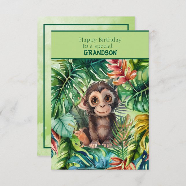 Cartão Baby Monkey Happy Birthday Special Grandson (Frente/Verso)