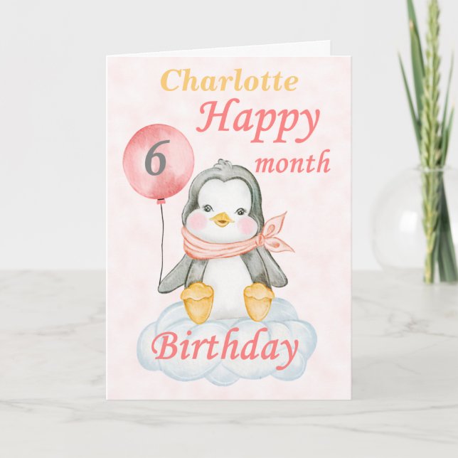 Cartão Baby Penguin 6 Mês Aniversário (Frente)