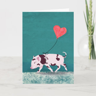 Cartão Baby Pig With Heart Balloon