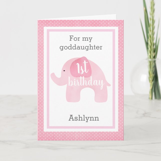 Cartão Baby Pink Elephant 1st Birthday Goddaughter (Frente)