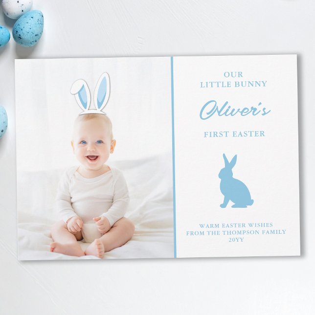 Cartão Baby’s 1st Easter Photo Card With Blue Bunny Ears (Criador carregado)