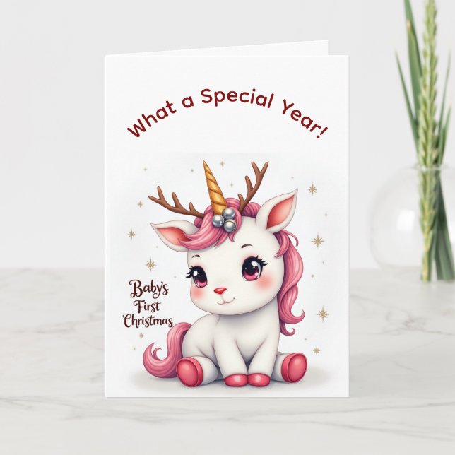Cartão Baby’s First Christmas 2025 Unicorn Reindeer card (Frente)