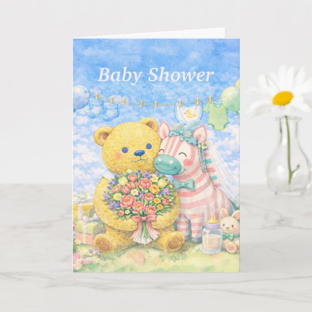 Cartão Baby Shower – Bear and Unicorn (Planta pequena)