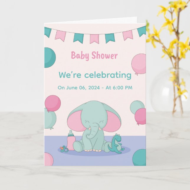 Cartão Baby Shower Cute Elephants Invitations (Flor Amarela)
