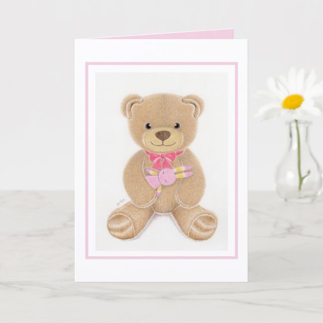 Cartão Baby Shower Girl Teddy Bear Folded Greeting Card (Planta pequena)