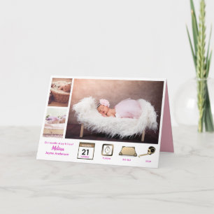 Cartão Baby STATS GIRLs BIRTH ANNOUNCEMENT PHOTO COLLAGE