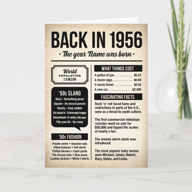 Cartão Back in 1956, 70th Birthday Card, Custom Name (Frente)