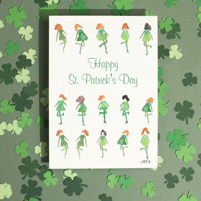 Cartão Bailarinos Irlandeses Aquarela Fofa Dia de São Pat (This St. Patrick's Day card features my own cute hand-drawn watercolor Irish dancers.)