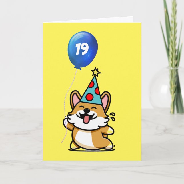 Cartão Balão Amarelo e Azul Corgi 19º Aniversário (Frente)