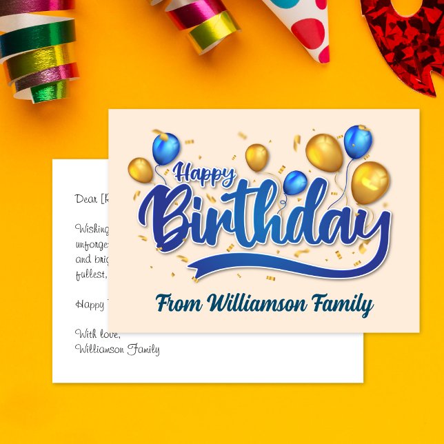 Cartão Balão Dourado e azul, feliz aniversário (Criador carregado)