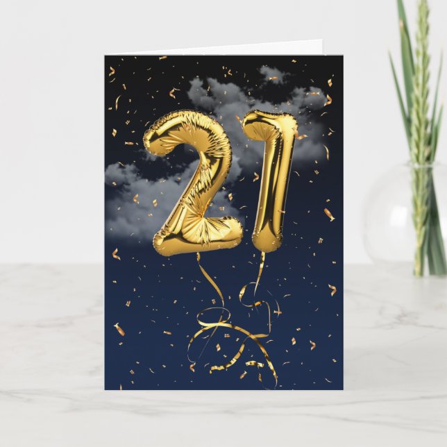 Cartão Balão Mylar Dourado aniversário de 21 anos e Placa (Frente)
