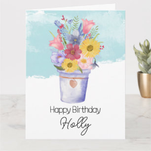 Cartão balde cheio de flores cumprimentos de aniversário