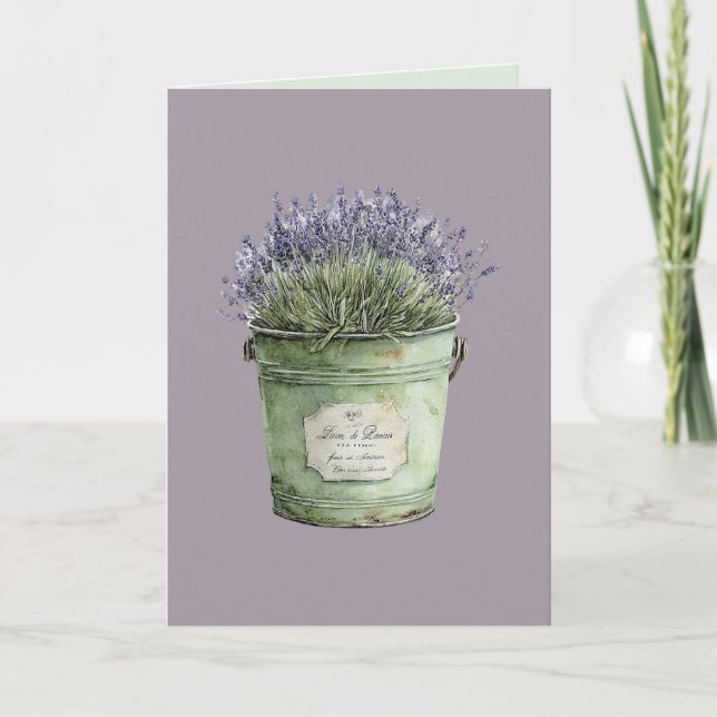 Cartão Balde Verde Branco Flores Lavanda (Frente)