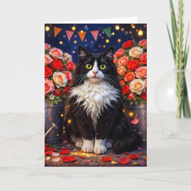 Cartão Baldes De Rosas, Gato  (Frente)