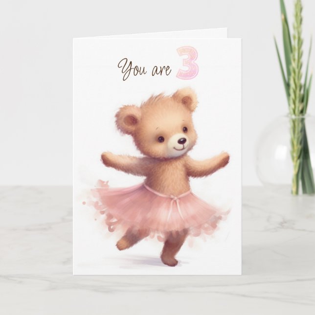 Cartão Ballerina Bear Para aniversário de 3 anos (Frente)
