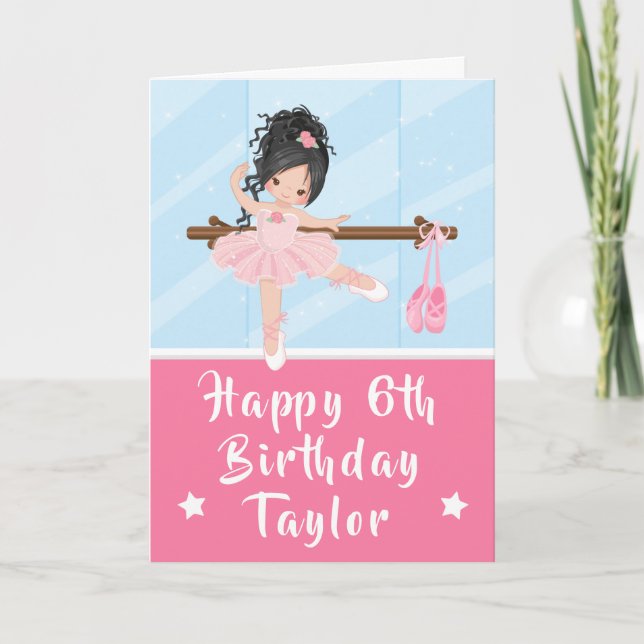 Cartão Ballerina Black Hair Girl Pink Happy Birday Card (Frente)