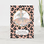 Cartão Ballerina in orange granddaughter birthday leopard<br><div class="desc">A beautiful and modern ballerina wearing a gorgeous ball gown with iridescent glitter sequins on it is dancing on her ballet shoes and is framed by a faux gold circle set against a pastel peach orange and black leopard spot skin pattern background. A calligraphy style template for your goddaughter, niece,...</div>