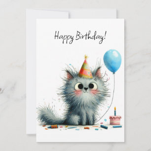 Cartão Baloão de Chapéu de Festa de Gato Cinza Caprichoso