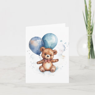Cartão Balões Azuis Aquarela Urso Marrom