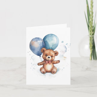 Cartão Balões Azuis Aquarela Urso Marrom