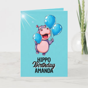 Cartão Balões Azuis Brancos Hippo Aniversário