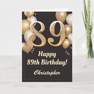 Cartão Baloes Confetes Preto e Dourado para 89º Aniversár