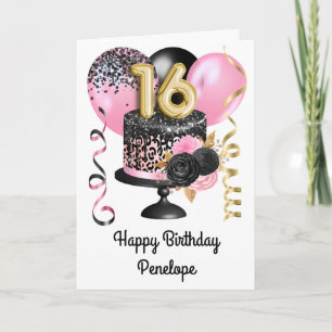 Cartão Baloes Cor-de-Rosa e Bolo de Aniversário de 16 Ano