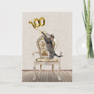 Cartão Balões de Aniversário de 100 anos e Gato Listrado