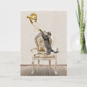 Cartão Balões de Aniversário de 19 Anos e Gato Tabby