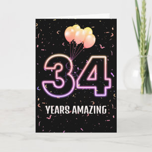 Cartão Balões de Aniversário de 34 Anos e Confetes