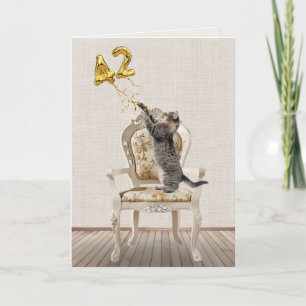 Cartão Balões de Aniversário de 42 Anos e Gato Tabby