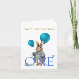 Cartão Balões de coelho de primeiro aniversário Número Um