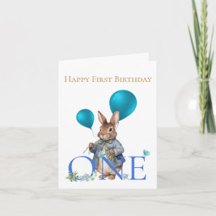 Cartão Balões de coelho de primeiro aniversário Número Um
