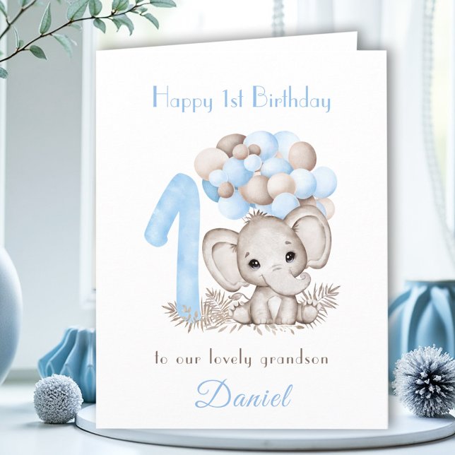 Cartão Balões de Elefante Azul-Cinto-primeiro aniversario (1st Birthday Boy Blue Cute Elephant Balloons Card)