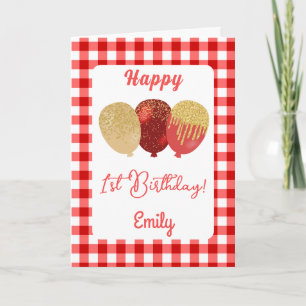 Cartão Balões de Gingham Vermelho Saudação de Aniversário