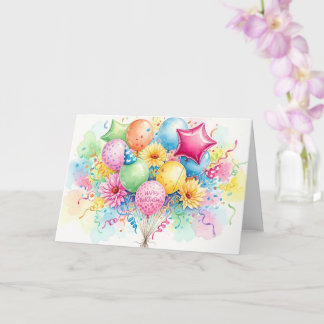 Cartão Balões e Flores de Feliz Aniversário em Aquarela