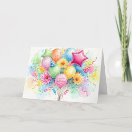 Cartão Balões e Flores de Feliz Aniversário em Aquarela