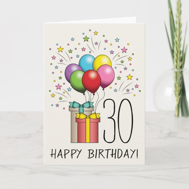 Cartão Balões e Presentes de Aniversário com Idade e Text (Frente)