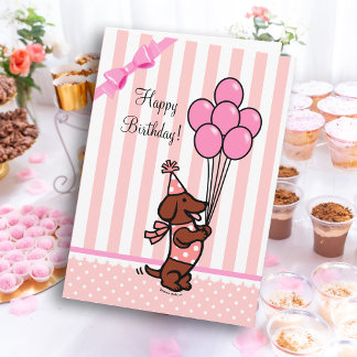 Cartão Balões rosa de aniversário do Cartoon Dachshund