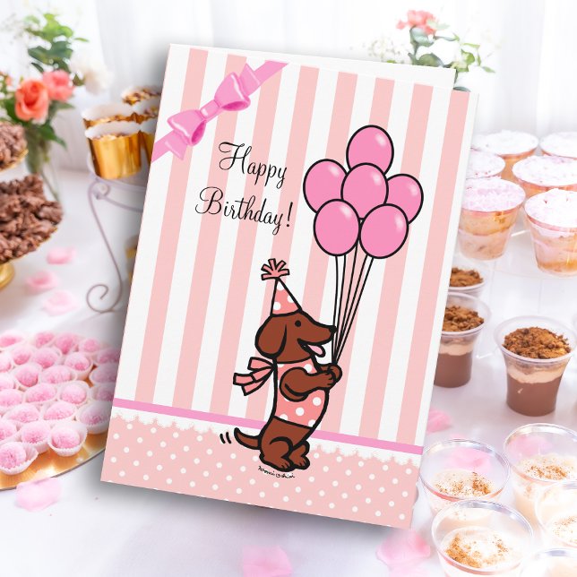 Cartão Balões rosa de aniversário do Cartoon Dachshund (Dachshund Cartoon Birthday Pink Balloons Greeting Card for Dachshund Owners!  Cute Doxie design.)