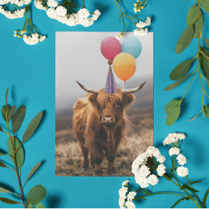 Cartão Baloões de Aniversário da Vaca das Terras Altas