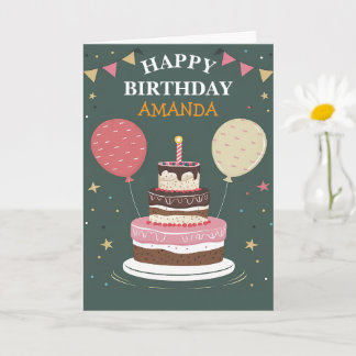 Cartão Baloões de Bolo de Aniversário Feliz Personalizado