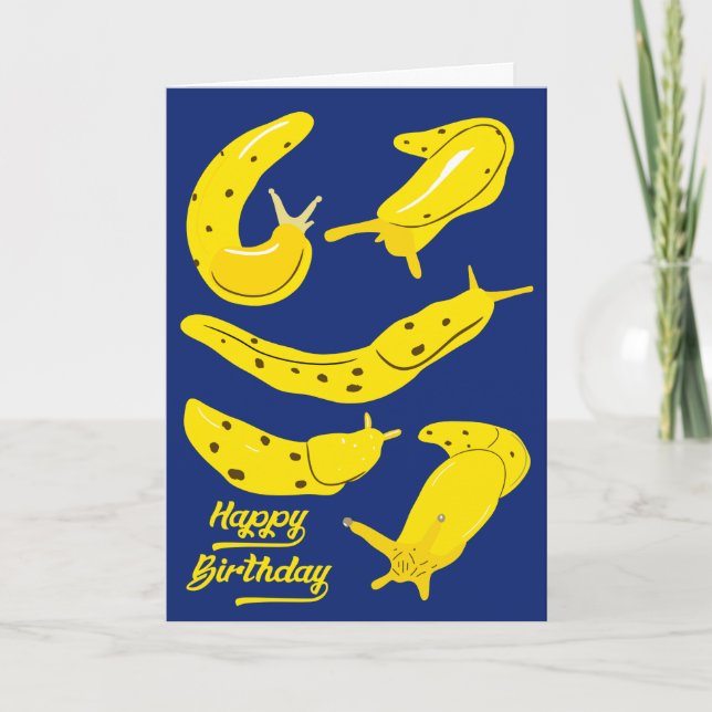 Cartão Banana Slugs Amarelo e Azul Real Aniversário (Frente)